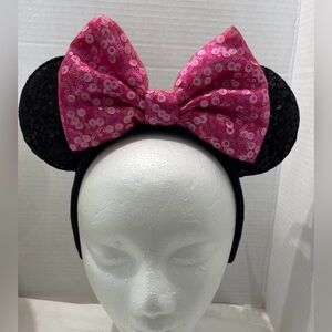 Pink Sequin Bow Disney Minnie Mouse Headband – Black Sequin Ears - Adult Size